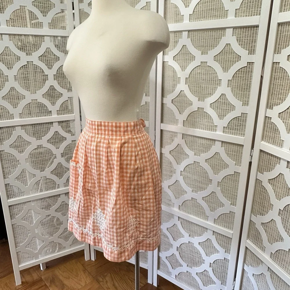 Vintage Gingham Check Half Waist Apron Embroidered Peach Cottagecore Trad‎ Wife